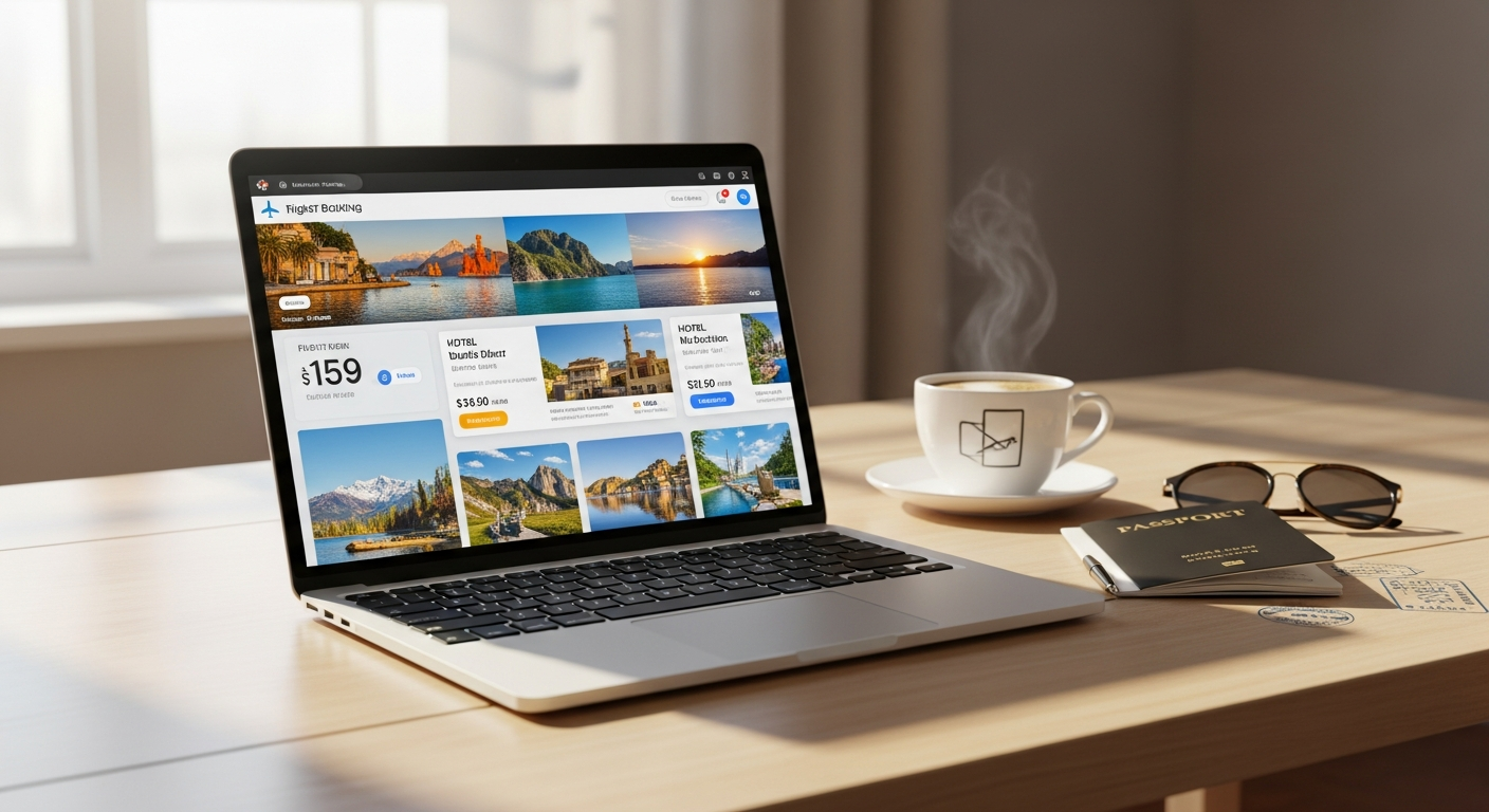Laptop showing travel booking website with flight and hotel search options displayed