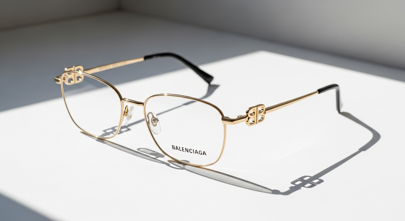 Gold Balenciaga BB0117O 003 luxury navigator eyeglasses with signature Tag line detail