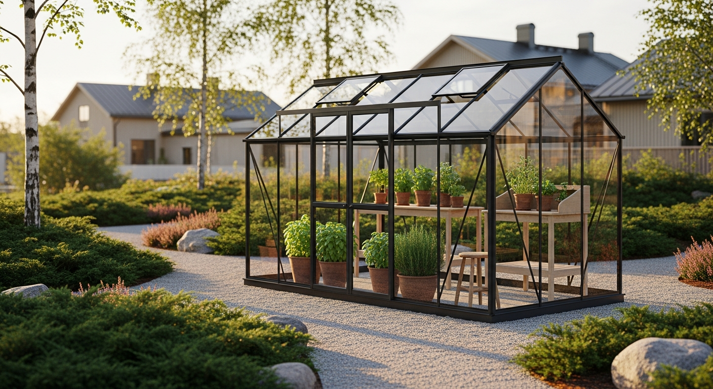 Lyxfönster premium aluminum greenhouse structure in Nordic winter garden setting