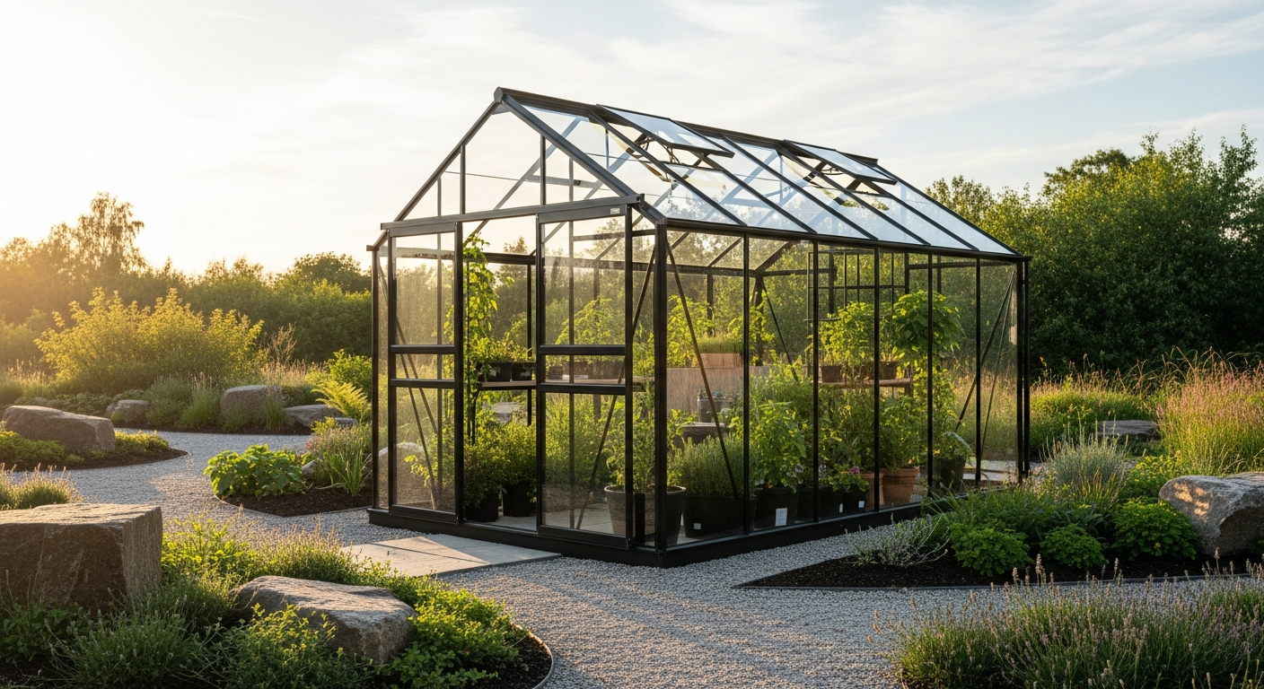 Lyxfönster aluminum greenhouse in Nordic garden with snow-covered roof and glass panels