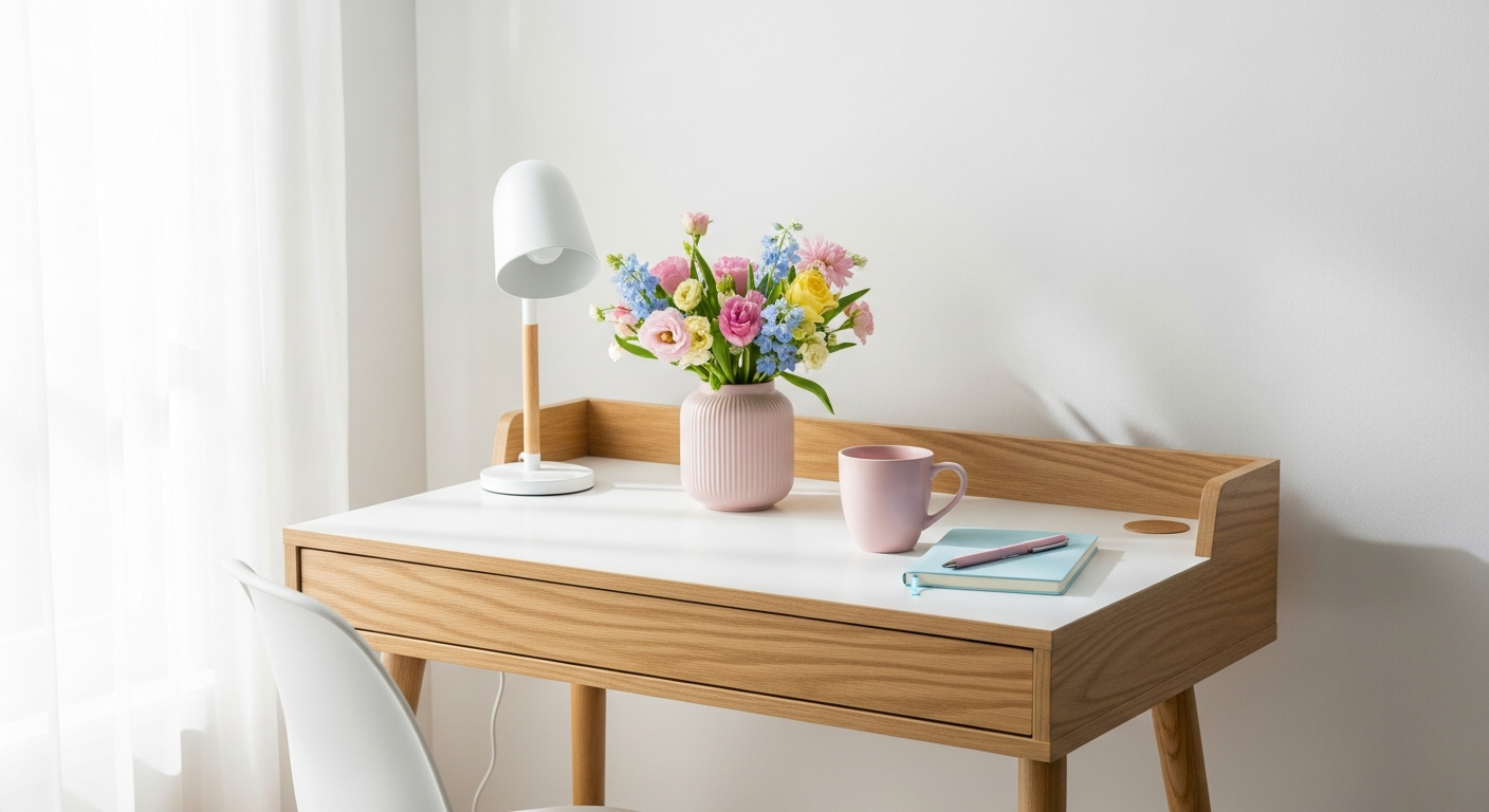 Maisons du Monde Spring Desk in white with light wood legs in a compact bedroom workspace