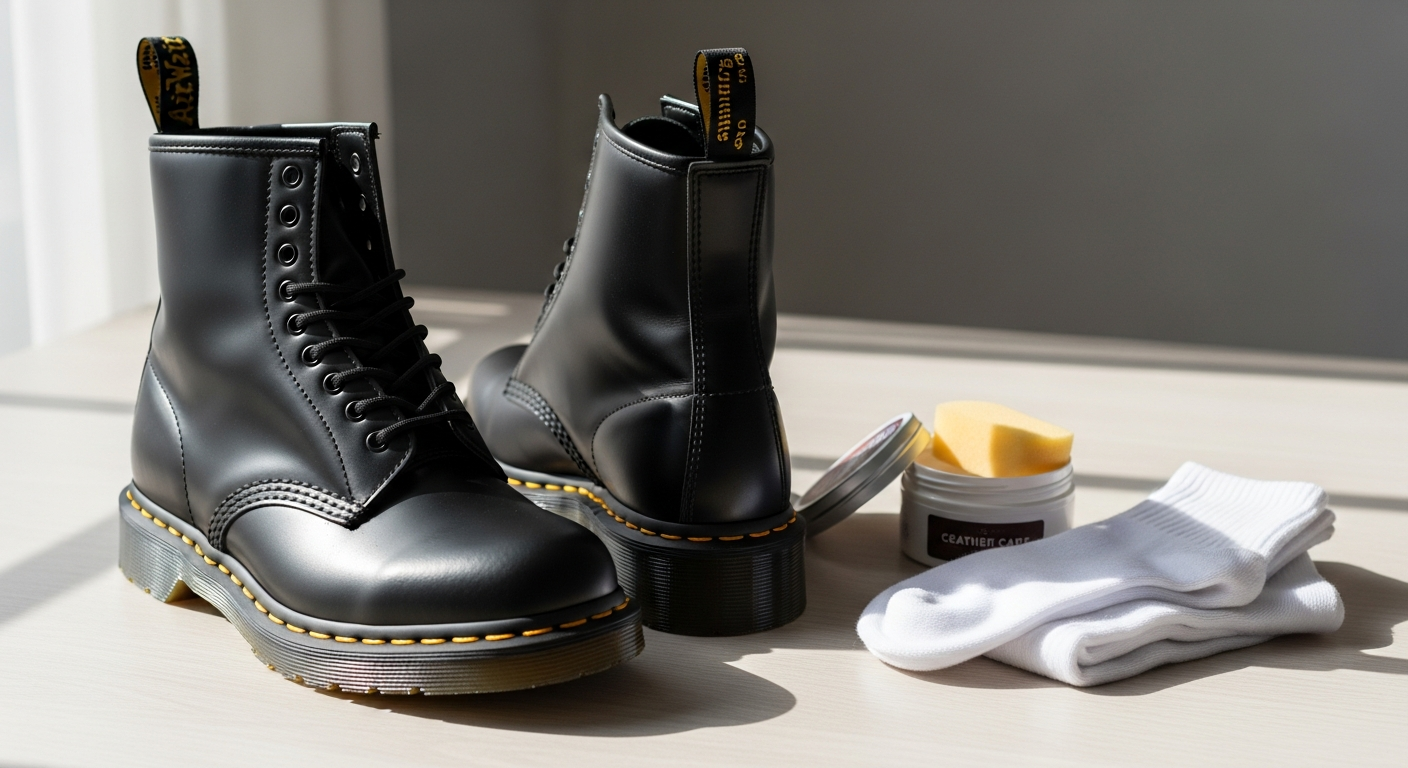 Dr. Martens 1460 ankle boots displayed on wooden surface with break-in guide