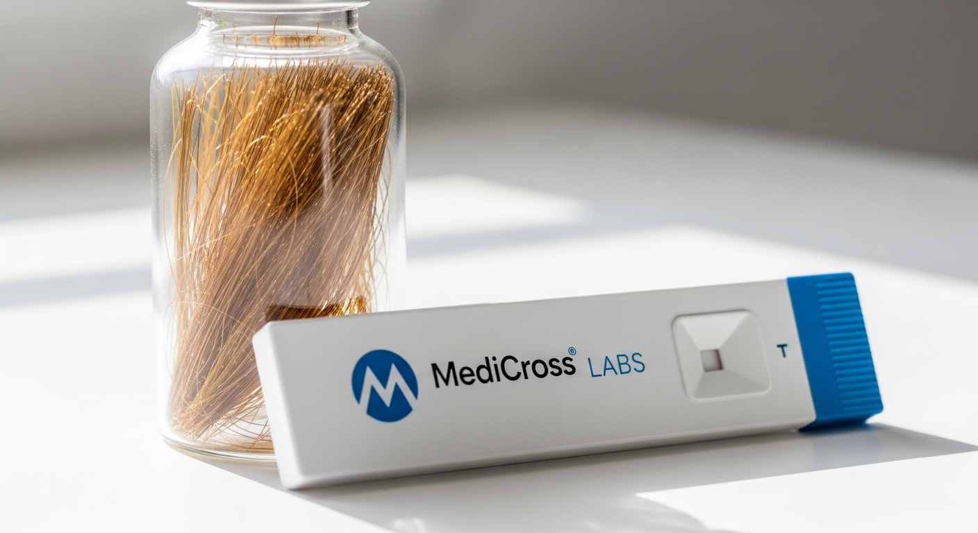 MediCross Labs Combo Test hair analysis kit with sample collection instructions and wellness report preview