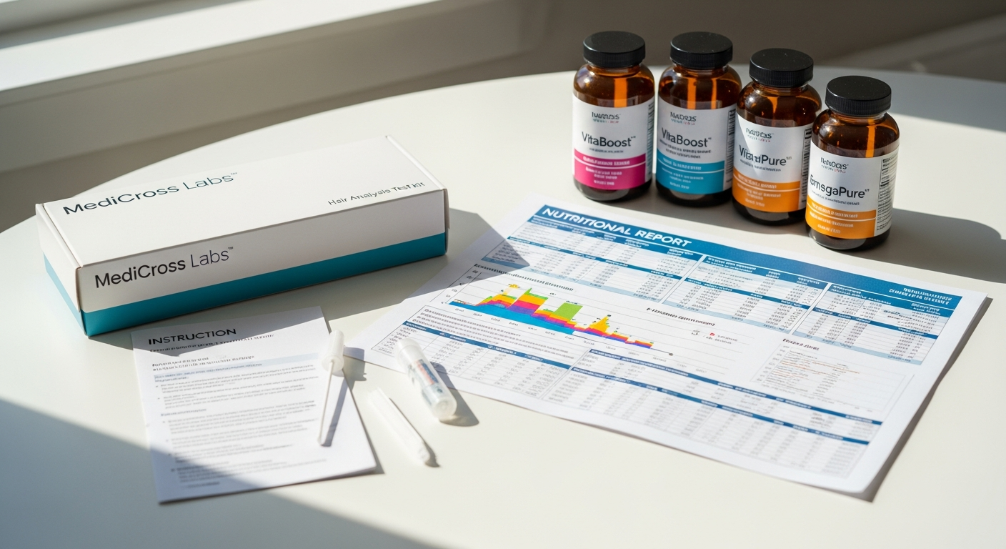Hair analysis test kit showing sample collection process for nutritional wellness screening