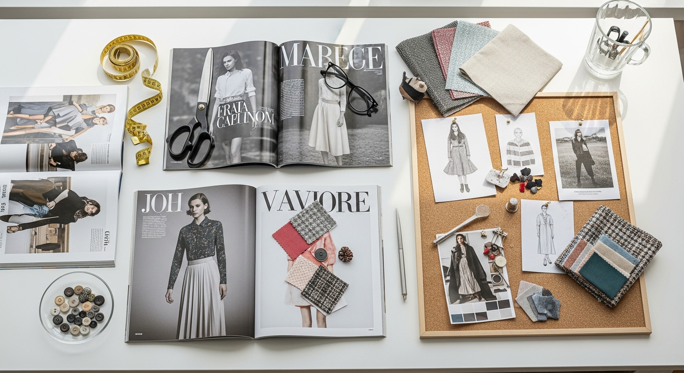Fashion stylist arranging colorful clothing on a professional editorial photoshoot set