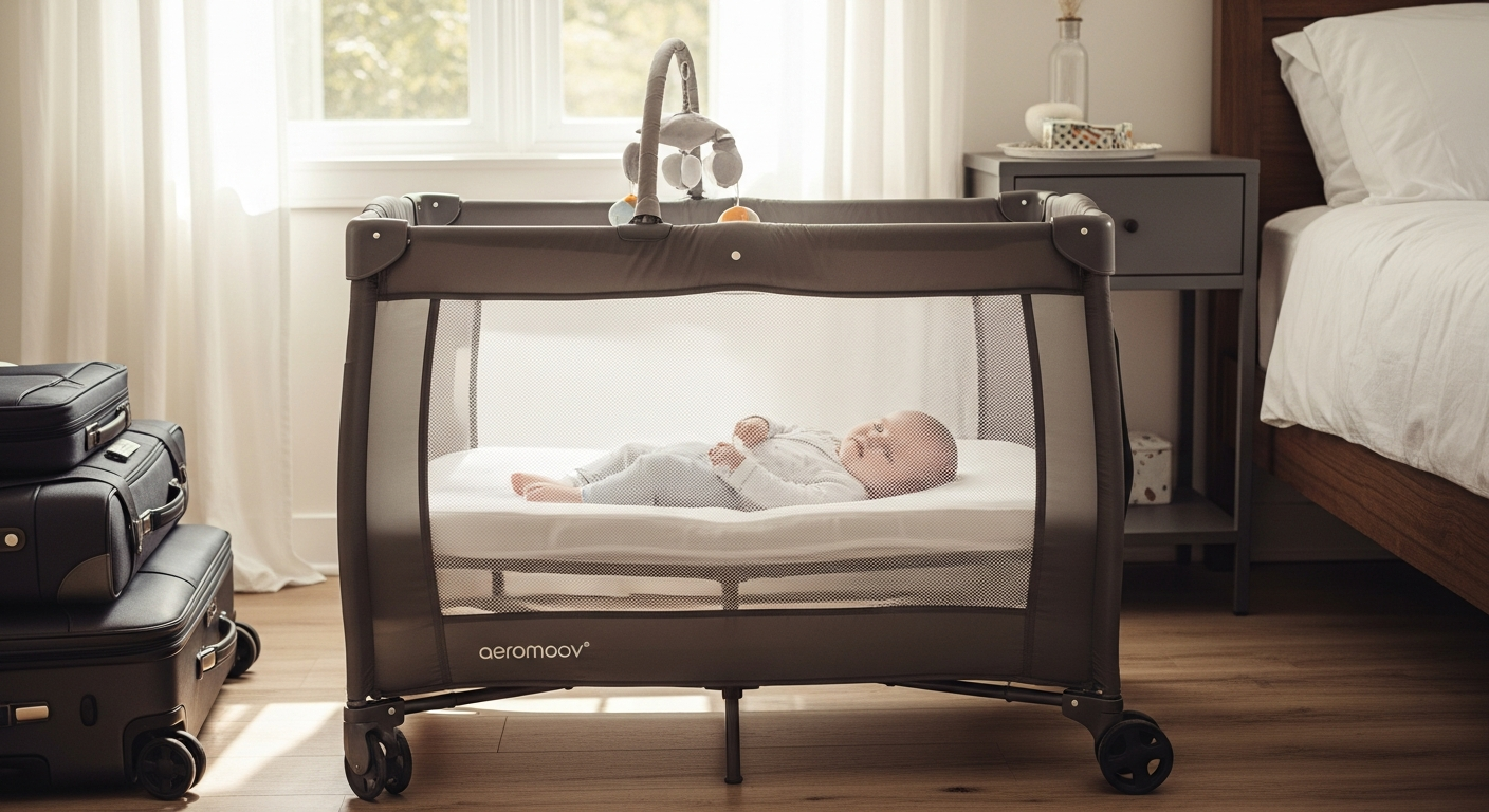 AeroMoov Instant Travel Cot set up in seconds with dual-level design for babies