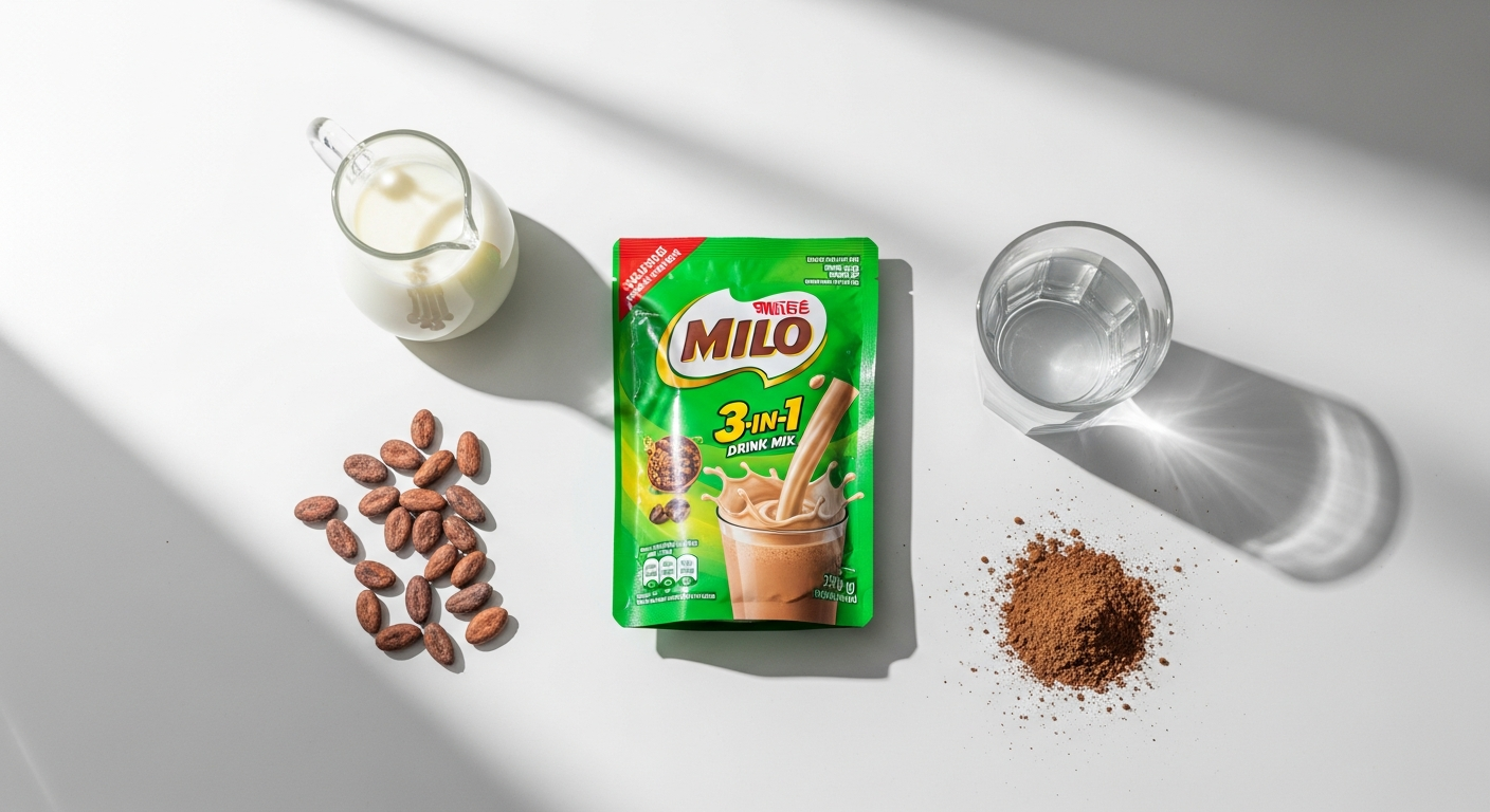 Nestlé Milo 3-in-1 chocolate malt drink mix sachets displayed with prepared beverage