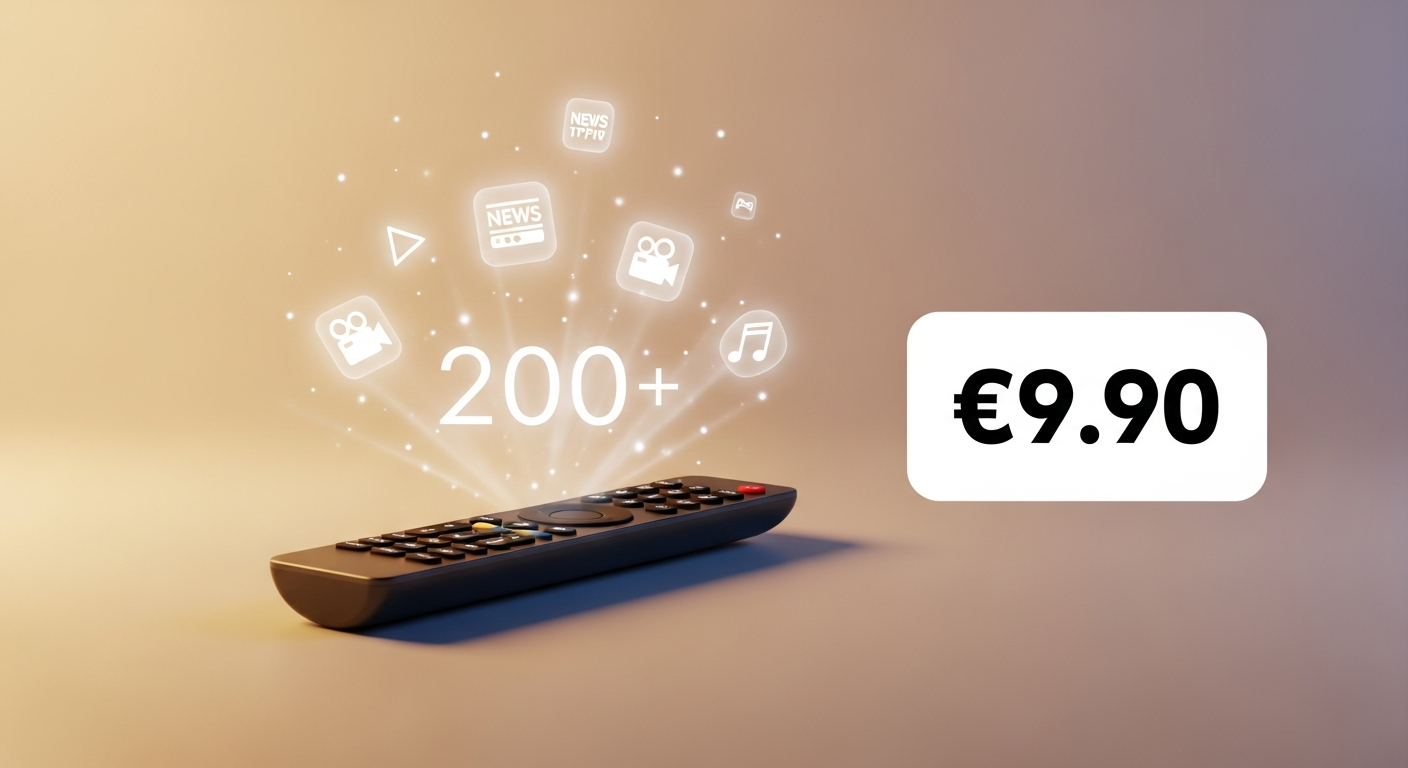 Mondial TV+ streaming service interface showing 200+ channels on multiple devices simultaneously
