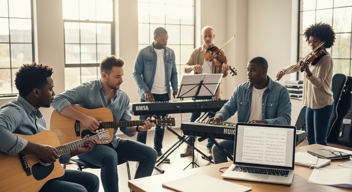Muzician All-Access music learning platform interface showing multiple instrument courses and video lessons