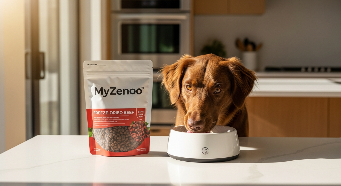 MyZenoo freeze-dried beef dog food in bowl with water and kibble mix