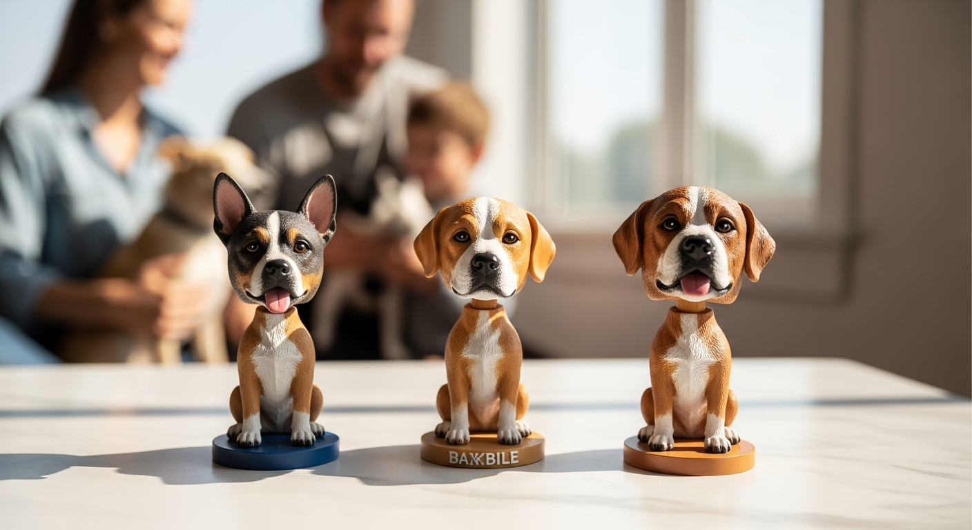 Custom dog bobblehead figurine handcrafted from pet photo with personalized accessories