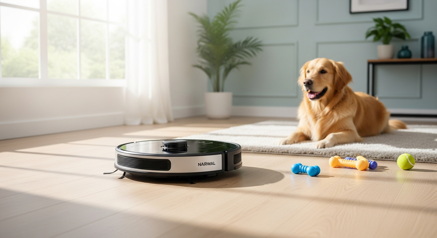 Narwal Freo X10 Pro robot vacuum mop cleaning pet hair from hardwood floor