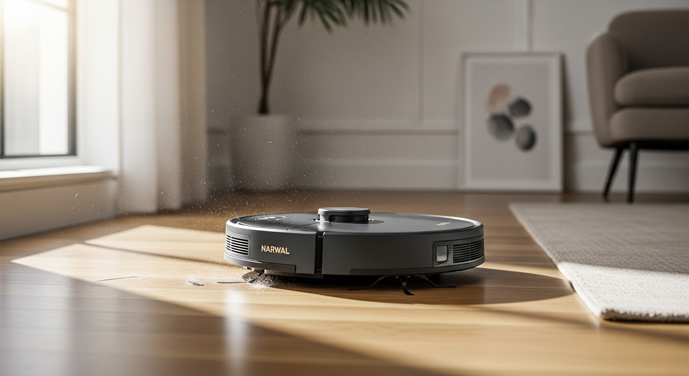 Narwal Freo X10 Pro robot vacuum mop cleaning pet hair from hardwood floor