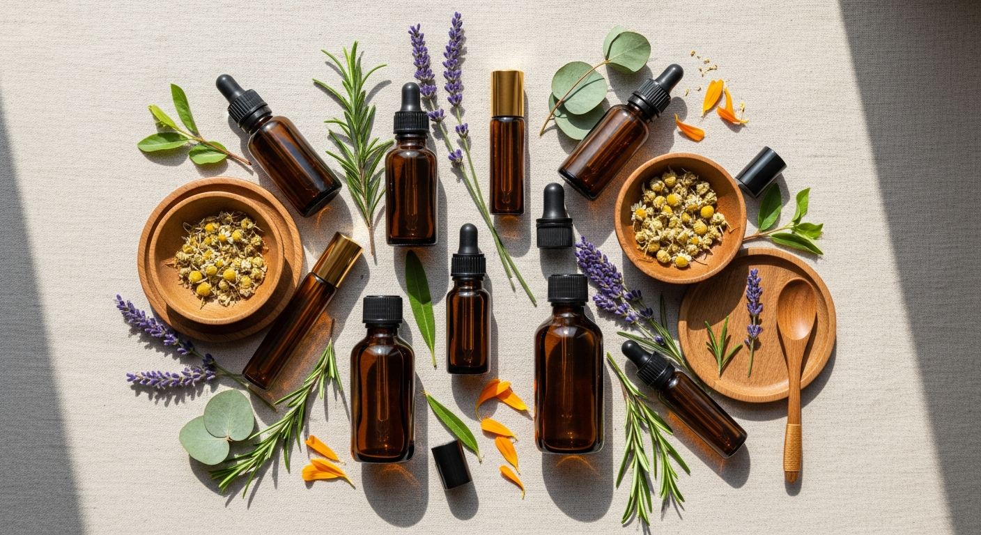 Essential oils bottles and natural ingredients arranged on wooden surface for DIY aromatherapy