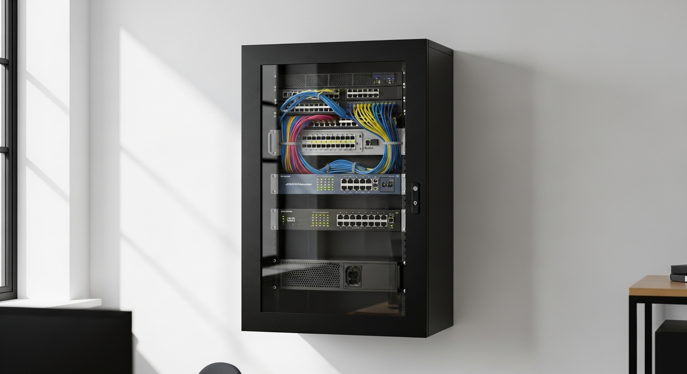 NavePoint 12U wall mount network server cabinet with tempered glass door and black steel frame