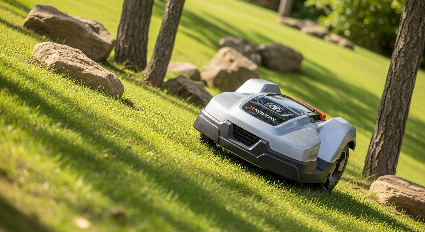 Segway Navimow i2 robotic mower navigating steep hillside terrain with obstacles