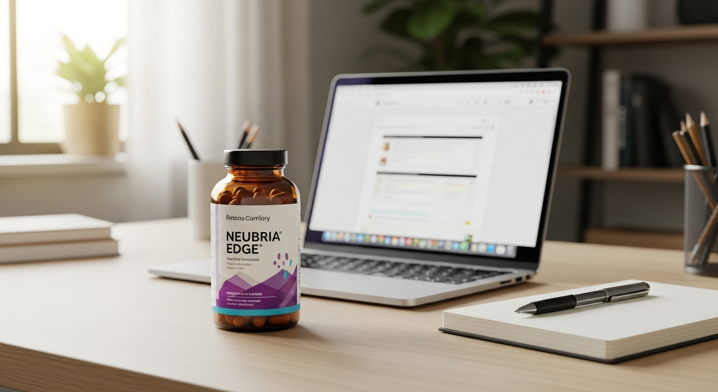 Neubria Edge advanced focus supplement bottle with botanical ingredients and vitamins displayed