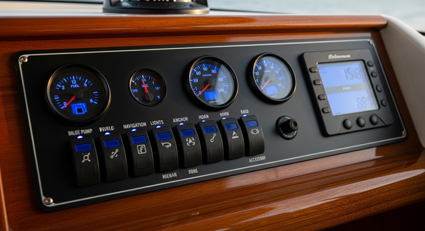 Custom marine switch panel with organized rocker switches and electrical controls