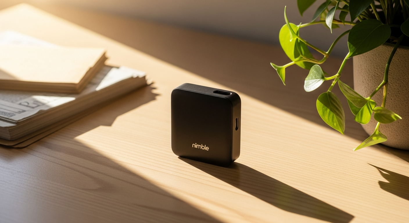 Nimble CHAMP Wireless 5K Magnetic Portable Charger with recycled materials and MagSafe compatibility displayed