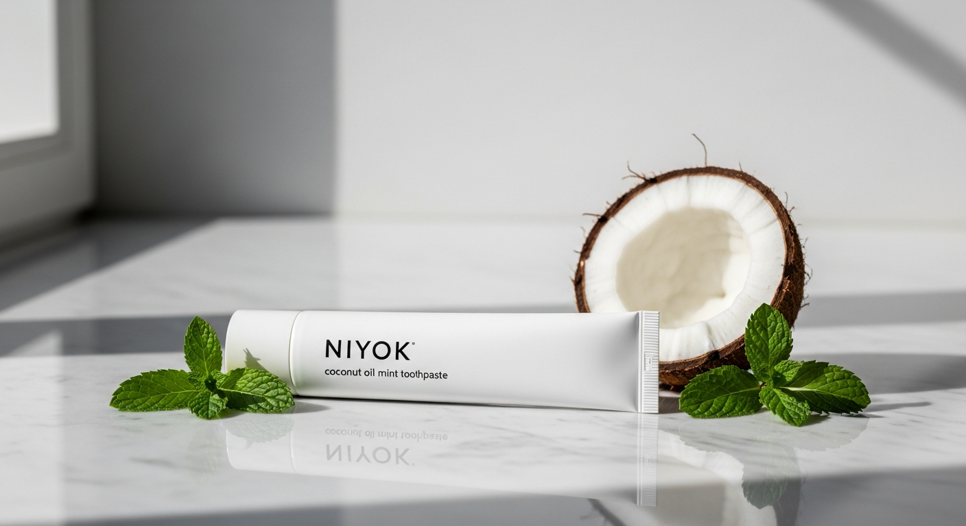 Niyok Coconut Oil Mint Toothpaste tube displayed with fresh mint leaves and coconut