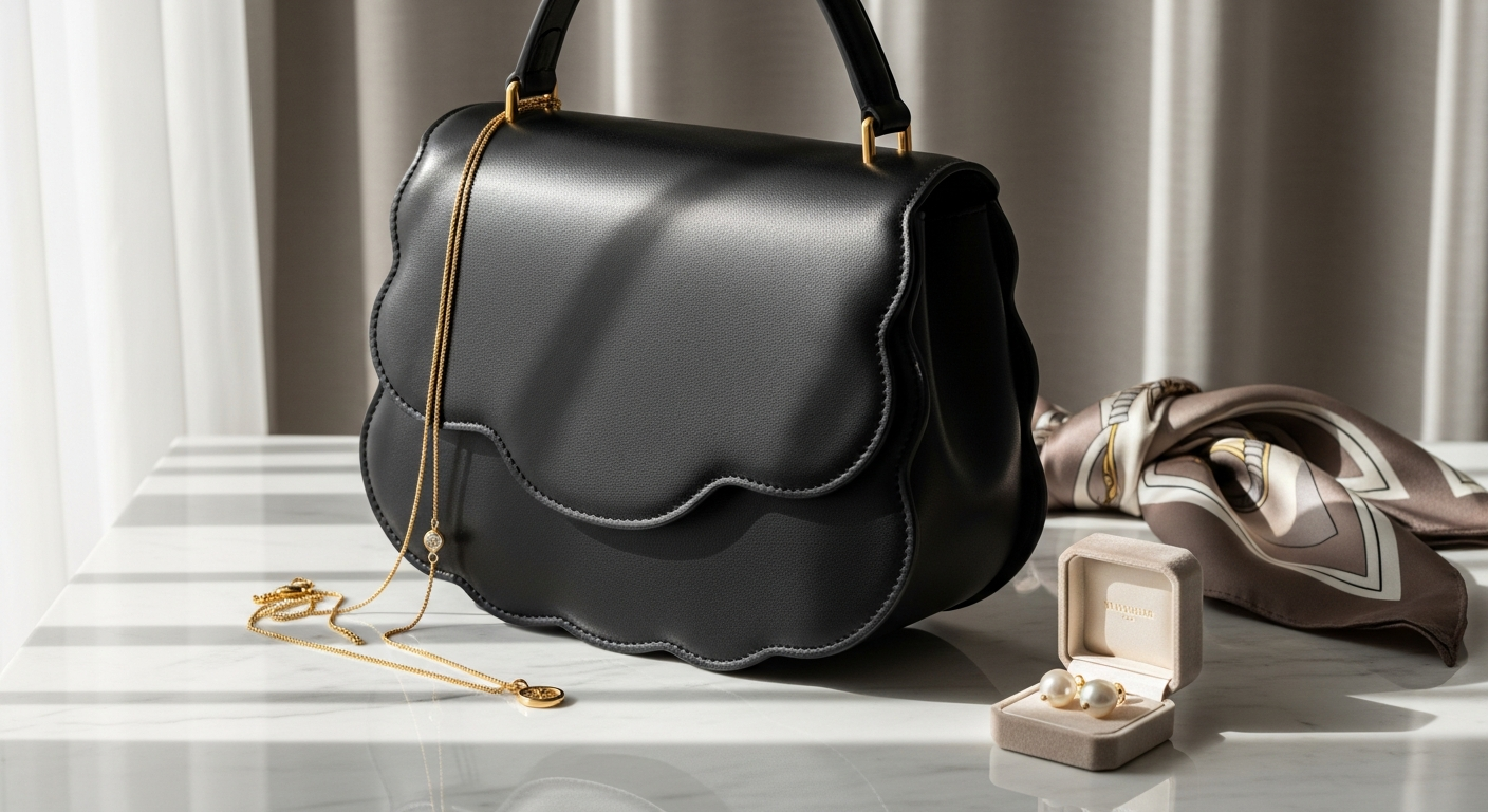 Noirgaze Scallop Calf Leather Bag in classic black with curved silhouette and adjustable strap