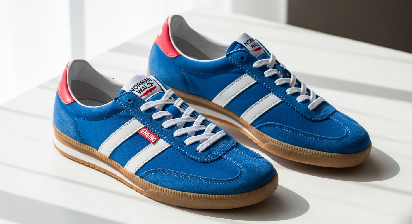 Norman Walsh Ensign retro sneakers displayed on white background showing heritage design
