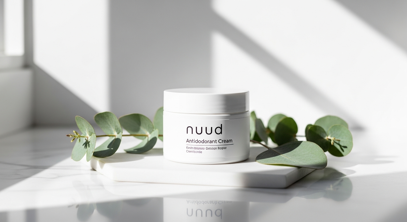Nuud Anti-Odorant Cream jar with natural ingredients displayed on white background