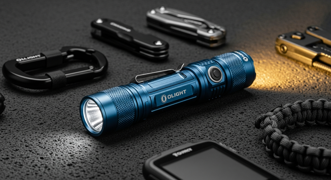 Olight Seeker 4 Pro flashlight with USB-C holster charging dock displayed