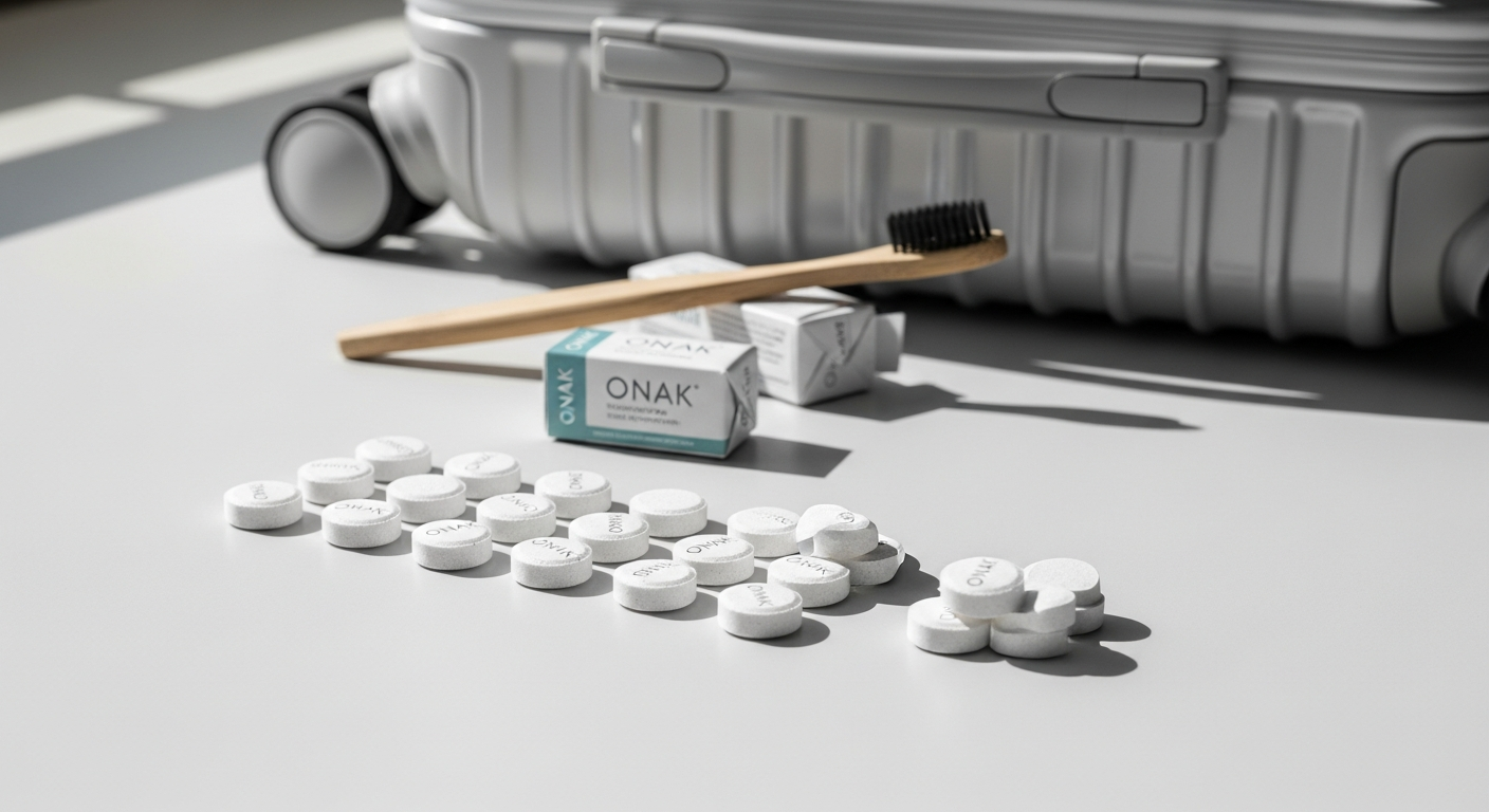 ONAK Revolutionary Natural Solid Toothpaste Tablets in refillable packaging for travel