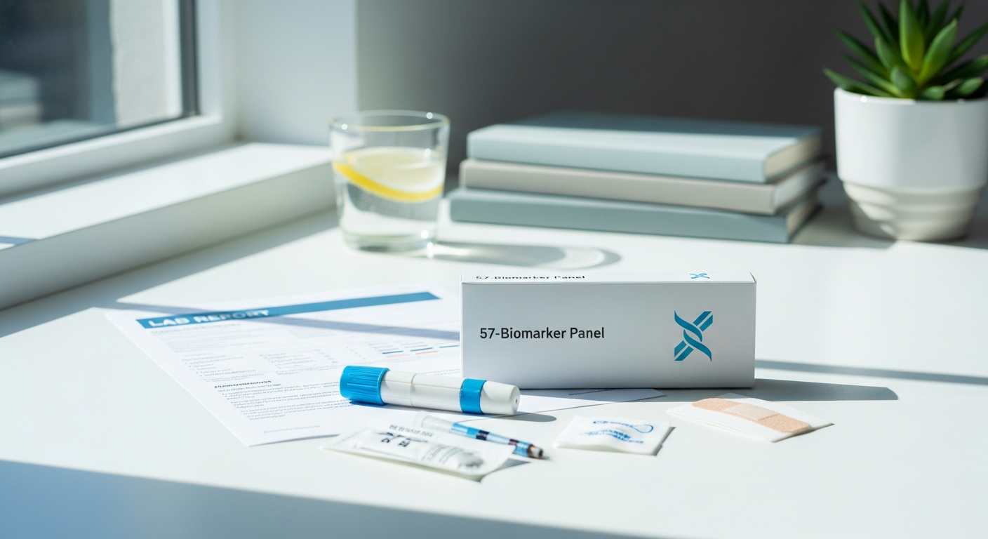 Ultimate Performance Blood Test kit with 57-biomarker panel results displayed on screen