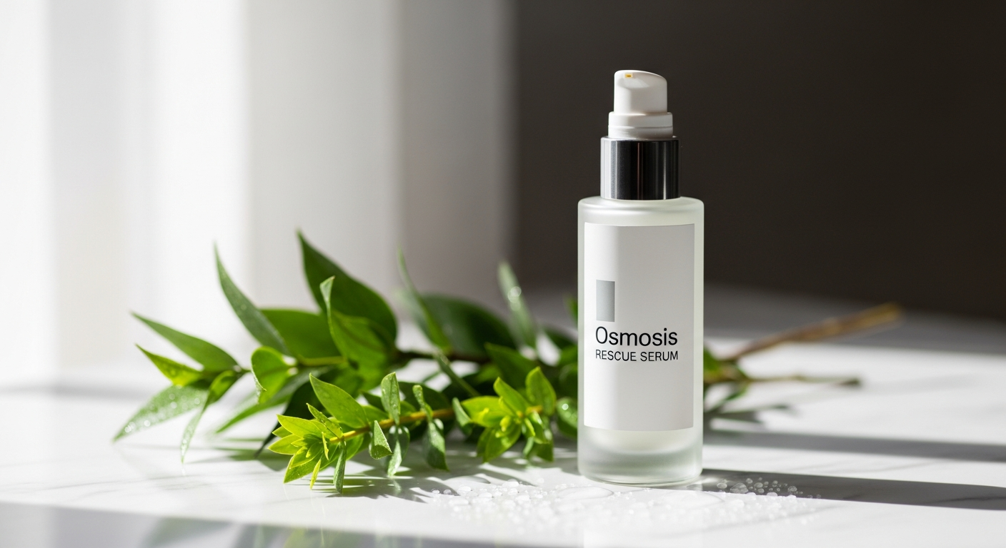 Osmosis Rescue Epidermal Repair Serum bottle with reactive skin texture background