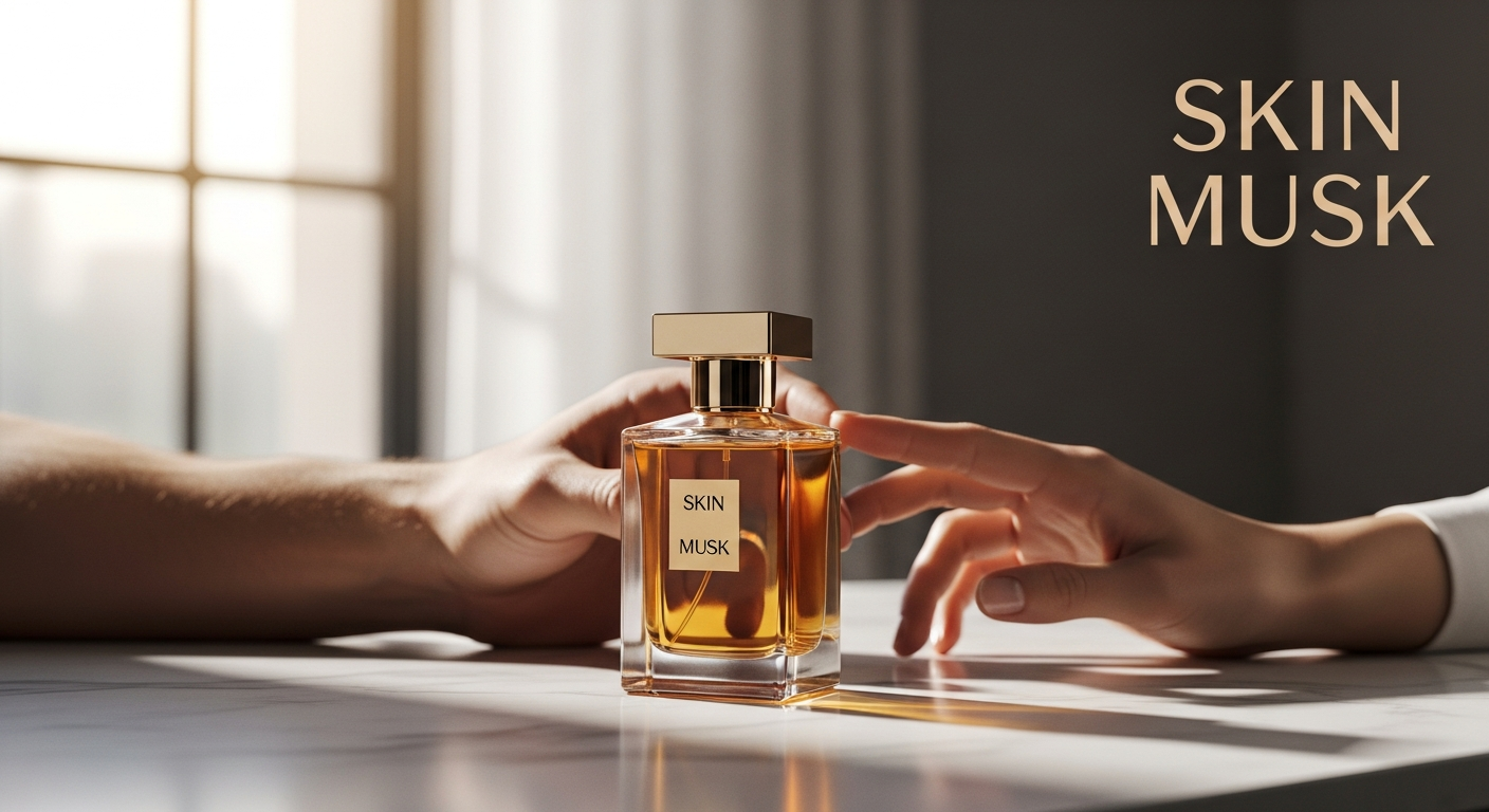 Elegant bottle of Skin Musk Unisex Perfume by Perfumería Comas on luxury surface