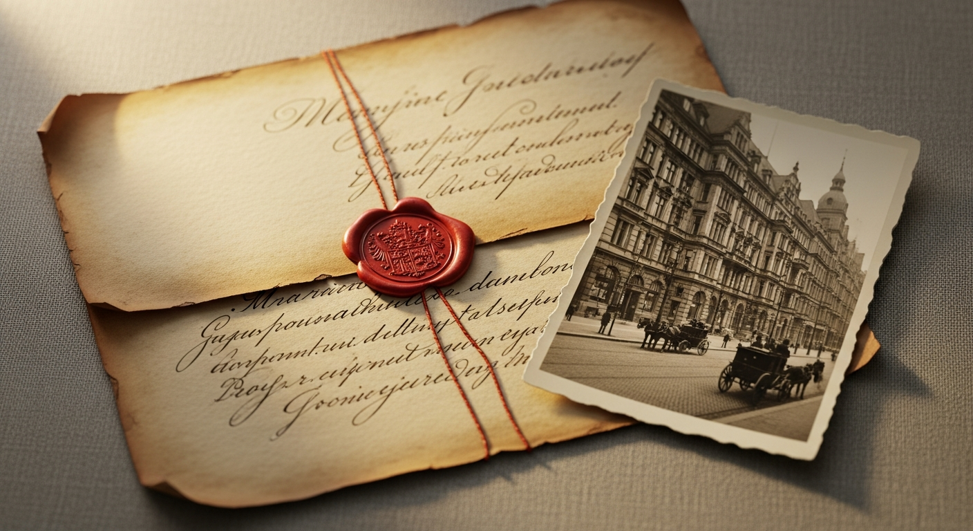 Aged handwritten letter from 1945 Berlin with vintage stamps and faded photographs