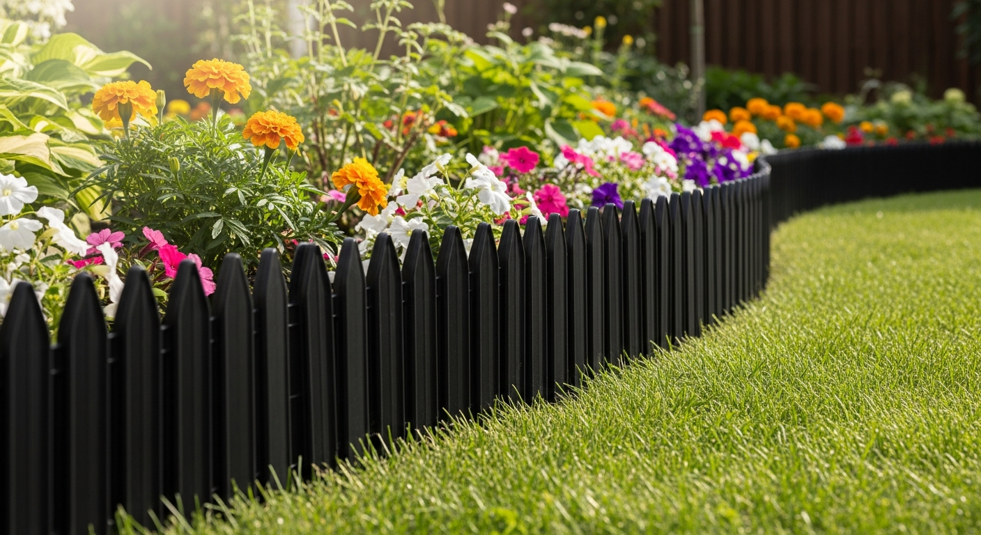 Black garden palisade edging bordering a lush green lawn and garden beds
