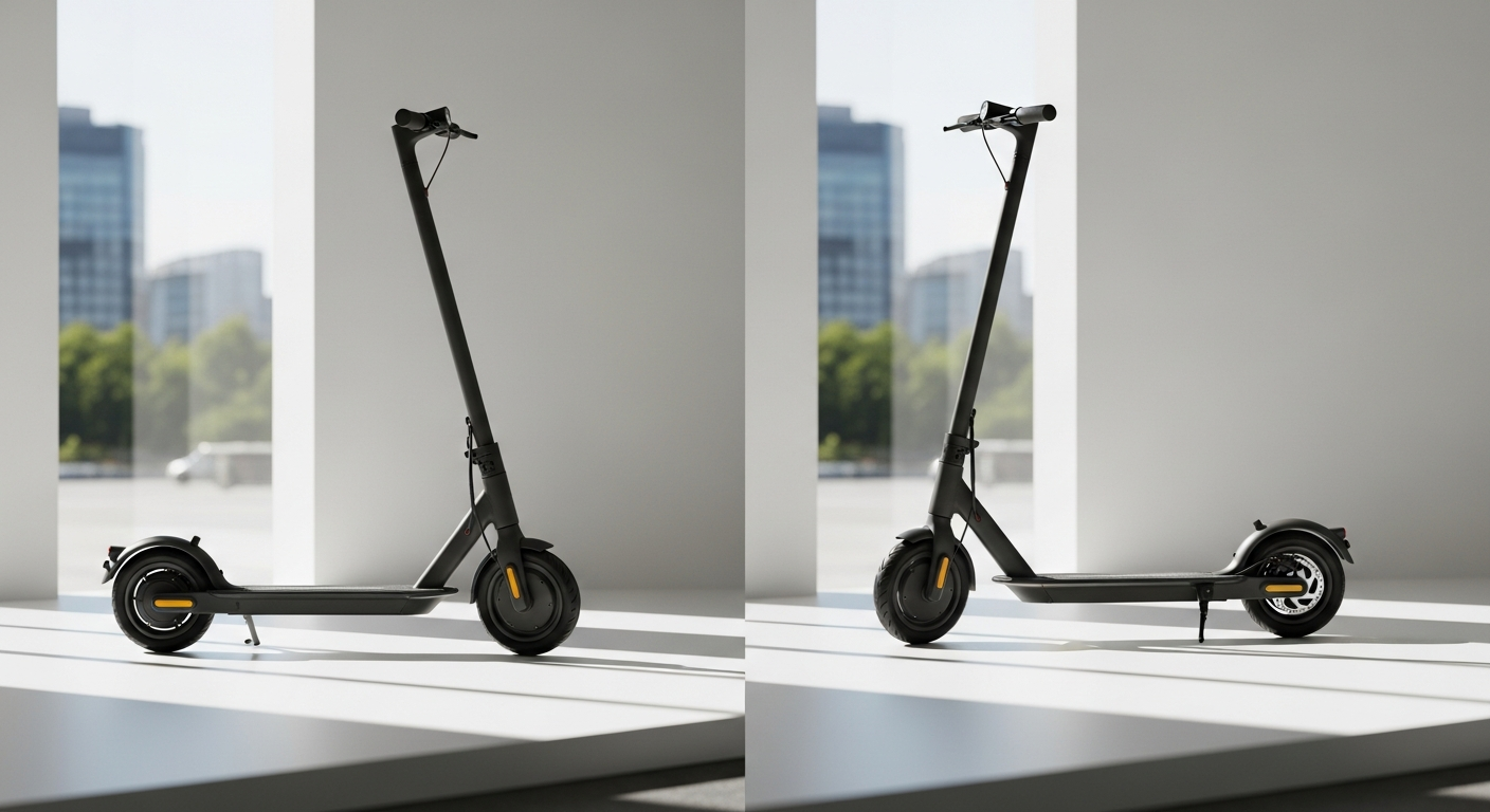 Pure Flex ultra-compact folding e-scooter in compact storage position next to luggage