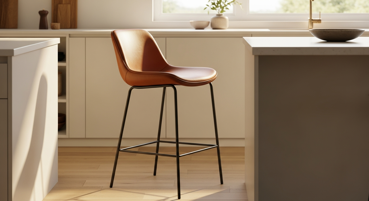 ROOBBA Athena Bar Stool with cream vegan leather and champagne gold metal frame in modern kitchen setting
