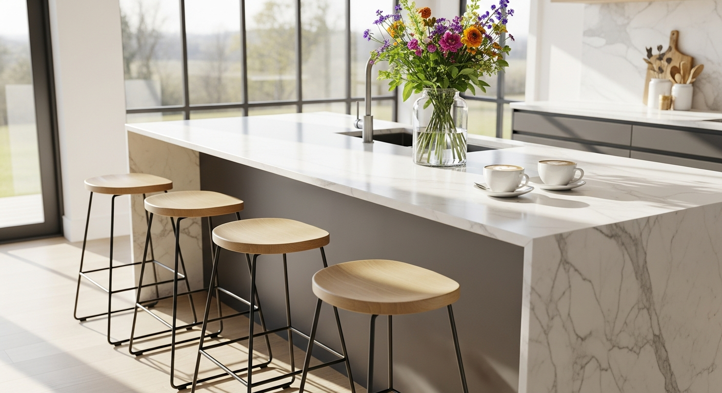 ROOBBA Athena Vegan Leather Bar Stool in cream and champagne gold displayed at modern kitchen island