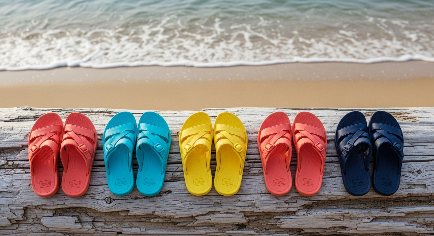 Reef Fanning sandals displayed on sandy beach with ocean waves background