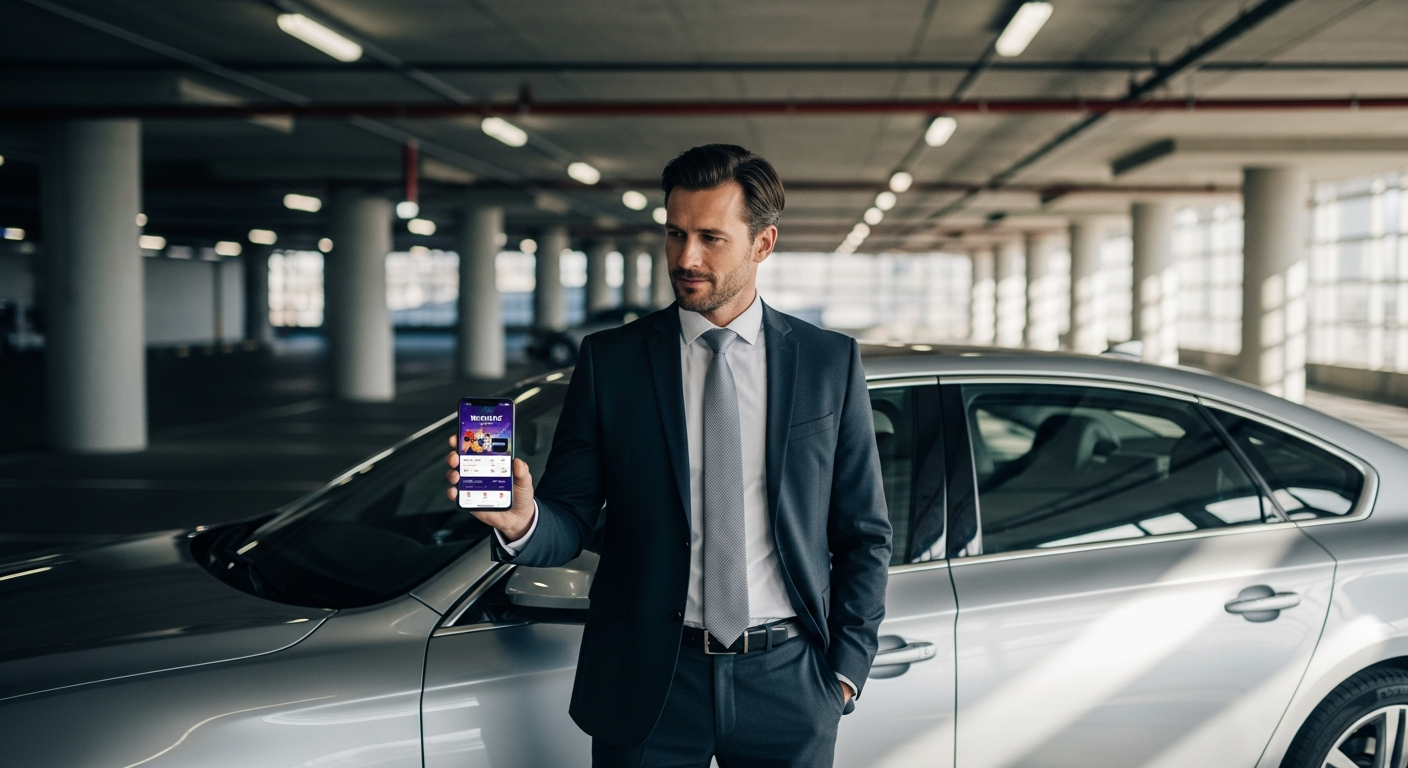 Business traveler using Rentout car sharing app on smartphone at airport