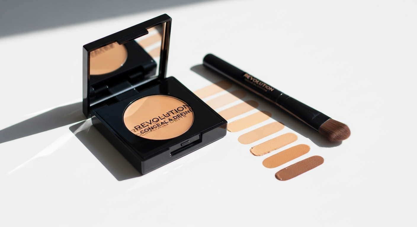 Revolution Conceal & Define Full Coverage Concealer compact with doefoot applicator brush