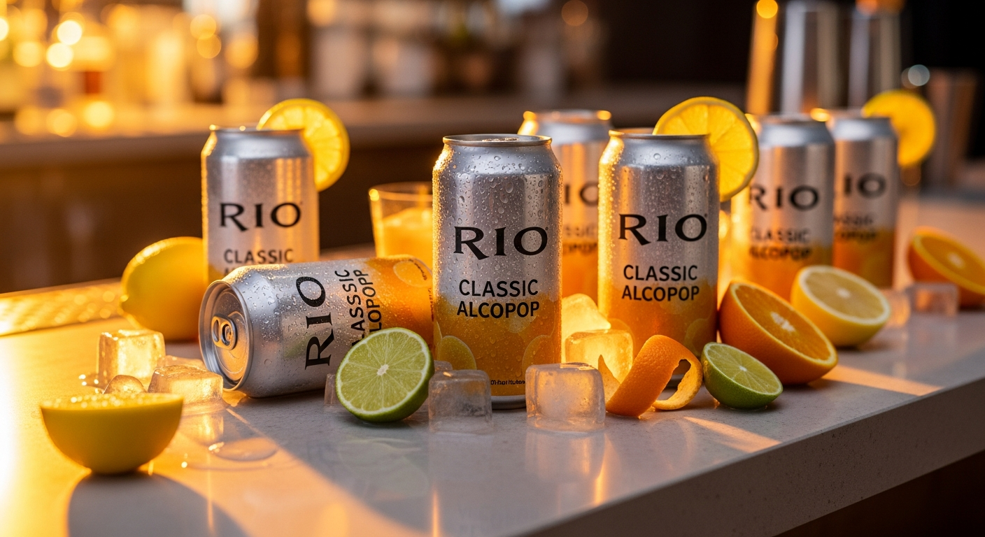 RIO Classic Alcopop Mixed Drinks frosted glass bottles in vibrant blue, strawberry, and peach flavors displayed on retail shelf