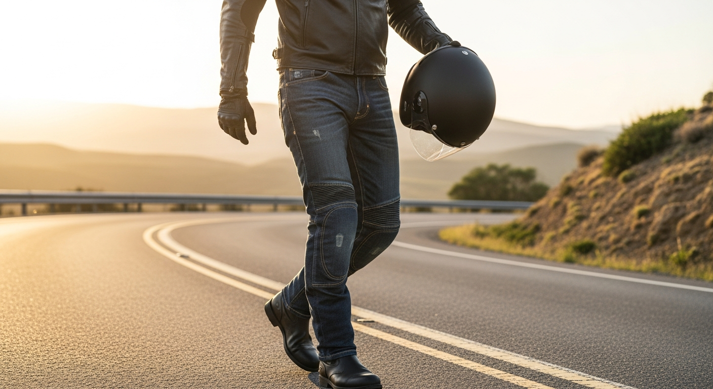 Rippl Pure Grit Riding Jeans 2.0 displayed with protective gear and motorcycle safety equipment