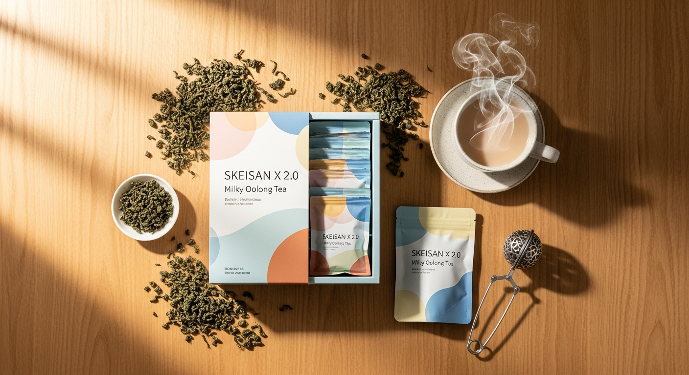 Premium SKEISAN X 2.0 Milky Oolong Tea in violet glass packaging