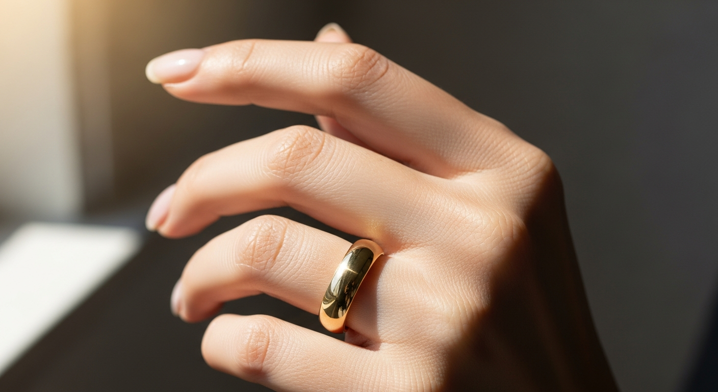 RICH Thick Cigar Band Ring in 18K Gold Vermeil on hand displaying bold luxury design
