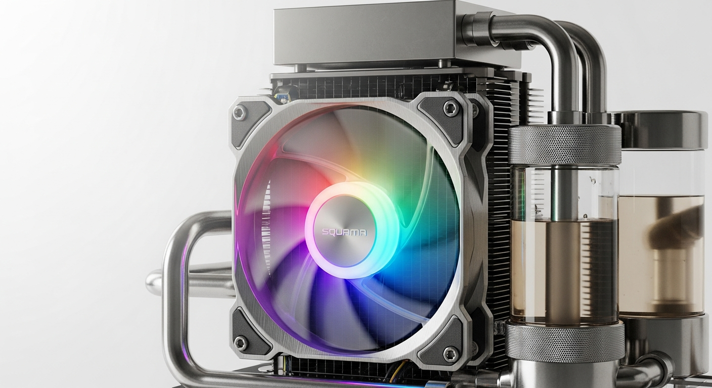 Geometric Future Squama 2505 RGB PWM fan mounted on custom water cooling radiator system