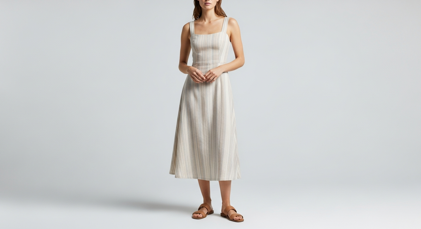 S/W/F fitted bodice midi dress in striped pattern showcasing structured bodice and flowing skirt silhouette