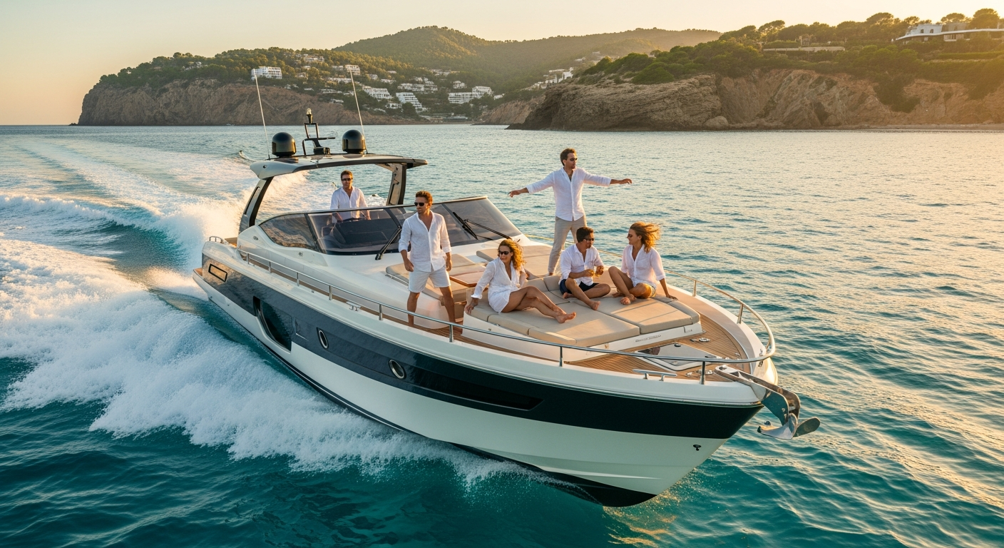Scenic view of a small motorboat anchored near turquoise Mediterranean waters and rocky Ibiza coastline
