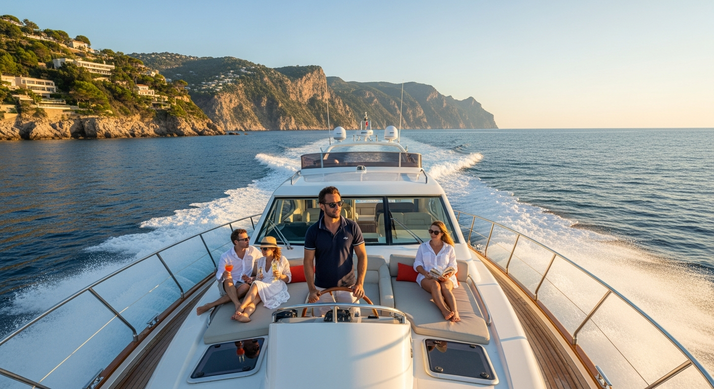 Professional skipper navigating a luxury motorboat on open water during daytime