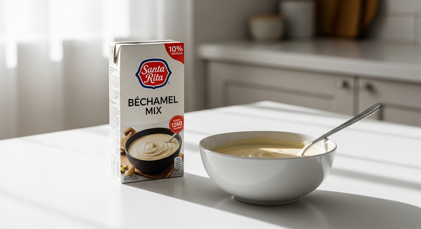 Santa Rita Instant Cold Béchamel Mix package displayed with creamy sauce in bowl