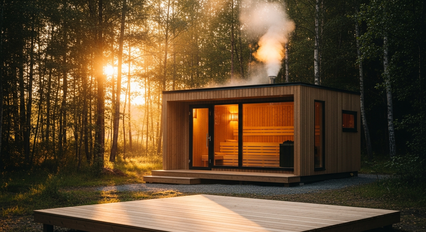 Saunamo Ergo outdoor wooden sauna nestled in Nordic-inspired backyard wellness retreat setting